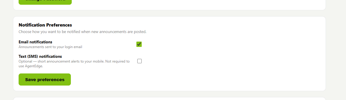 AgentEdge My Profile Notification Preferences card, Text (SMS) notifications unchecked by default